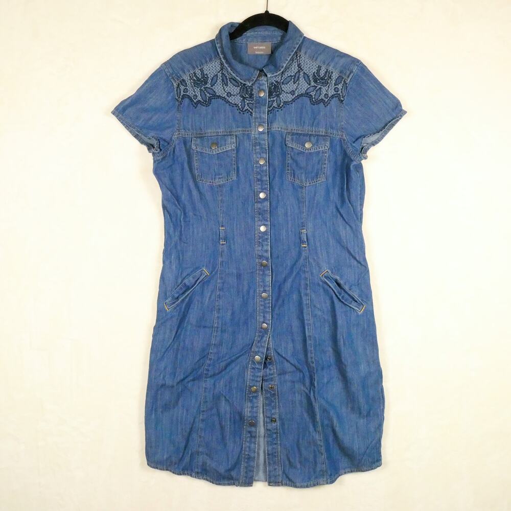Yessica Denim Snap Front Cotton Shift Dress Size M Embroidered Western Cowgirl
